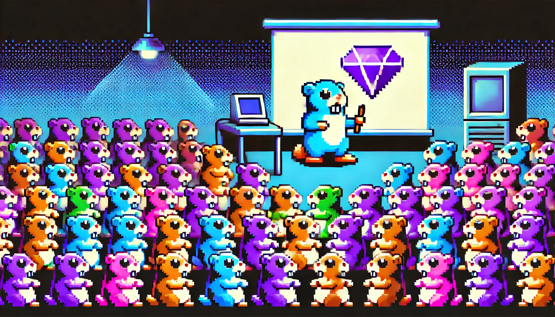 gopher presents a giant purple gem to an audience of pixelated gophers