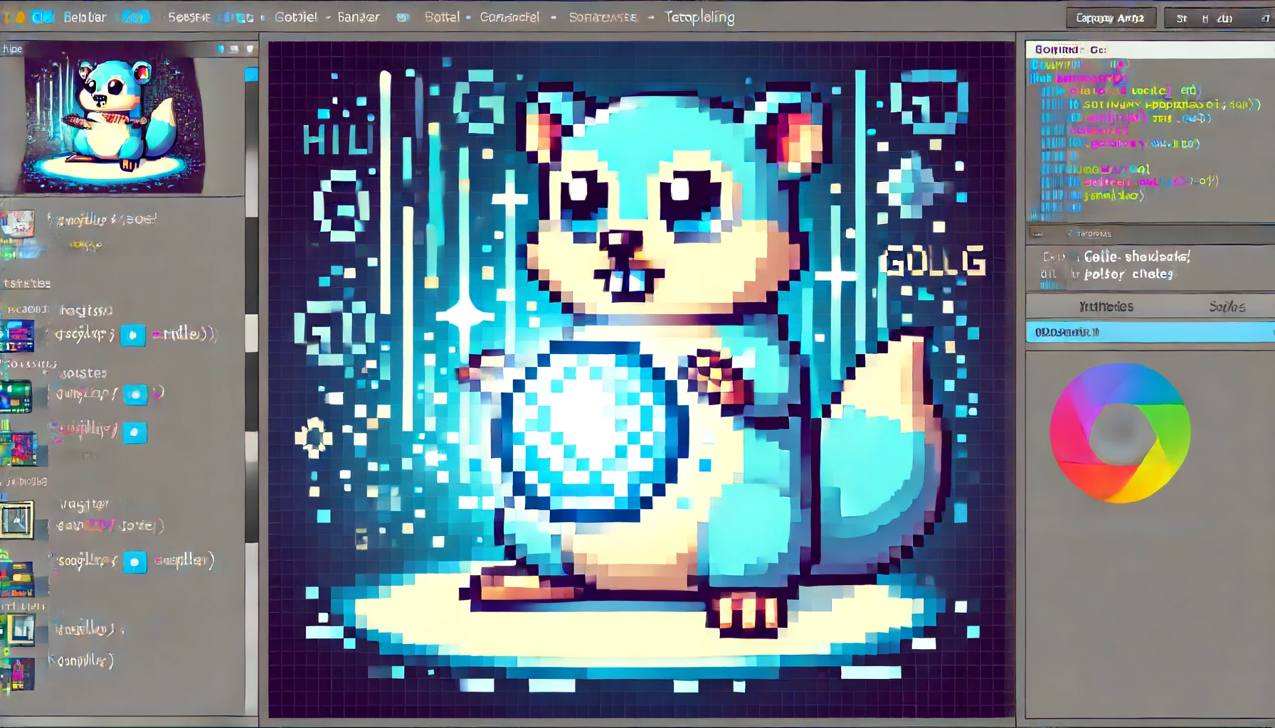 gopher constructs a ball of light in pixel art style